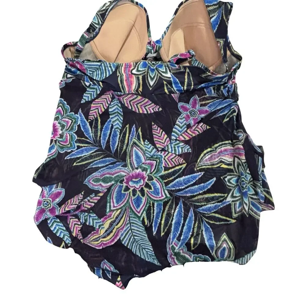 Cacique 1 Pc Swimdress Tropical Floral Women’s 40C Lightly Lined Plunge Swimsuit